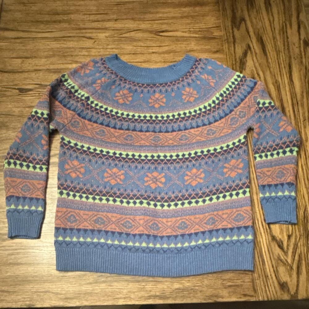 MISSLOOK Blue Orange Green Fair Isle Knit Pullover Sweater XL Crew Neck Women